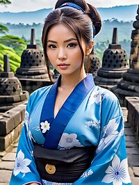 Adult Asian girl in blue Kimono with thong at Borobudur Java