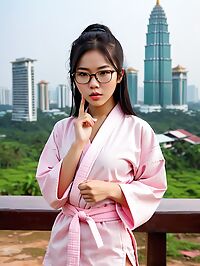 A petite pale skinned Cambodian girl in pink karate robes on the streets of Kuala Lumpur