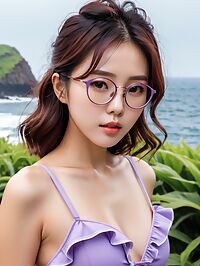 The Korean girl wears purple swimsuit on Jeju Island's sandy beach under the sun