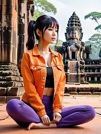 Japanese woman stands stunned in the ruins of Angkor's ancient temple complex